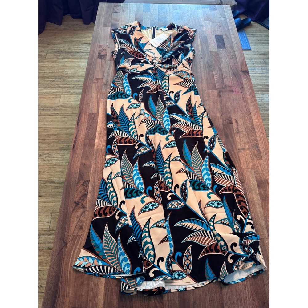 Tyler Boe Mckensie Knot Front Maxi Dress Blue Brown Leaf Print Sleeveless Size 4